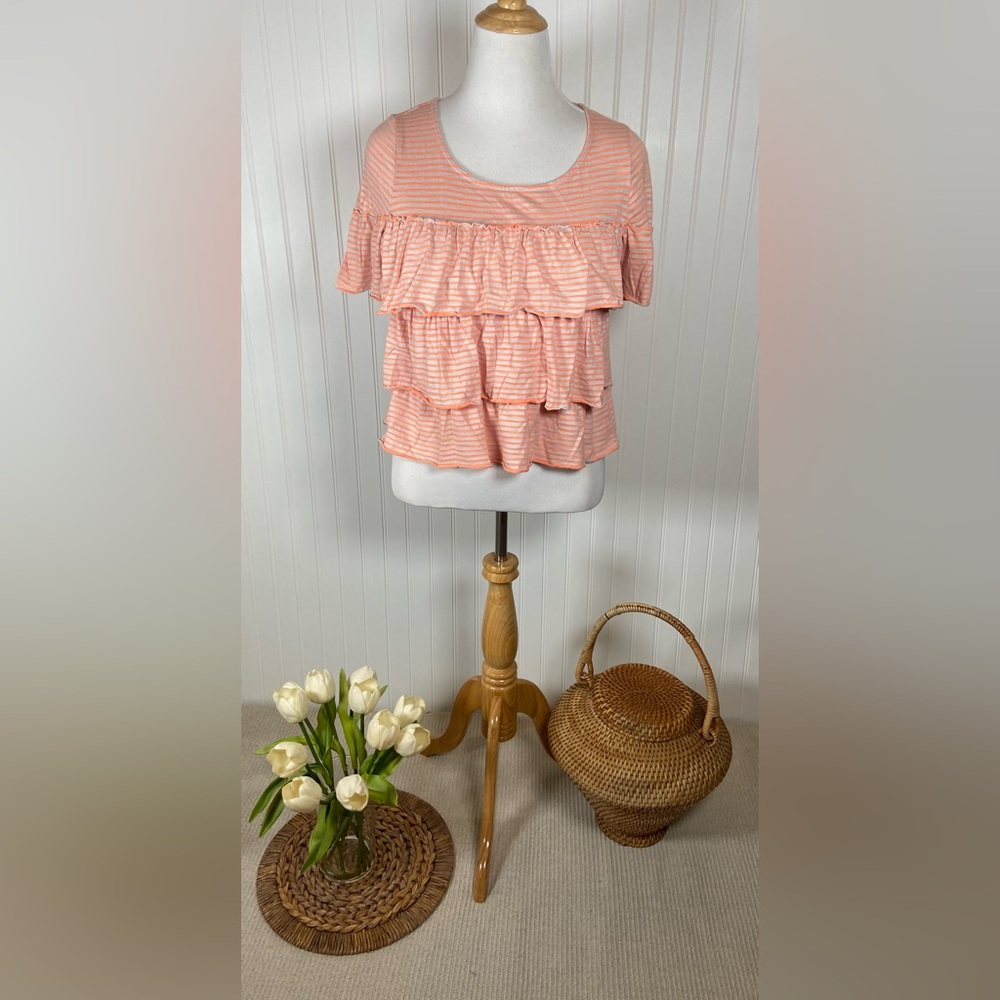 9HLS STCL Striped Ruffle Tiered Short Sleeve Top | Size M